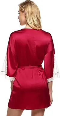 Cotovia Women Satin Kimono Robe V-Neck Nightwear for Women with Lace Design for Female (Free Size, Maroon)-thumb1