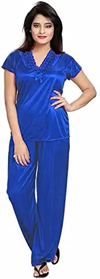 Cotovia Women's Satin Plain/Solid Nightwear Set Pack of 4 (Free Size, Blue)-thumb3