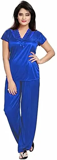 Cotovia Women's Satin Plain/Solid Nightwear Set Pack of 4 (Free Size, Blue)-thumb4