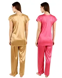 Cotovia Women's Satin Night Suit Combo Set (Large, Golden and Pink)-thumb2