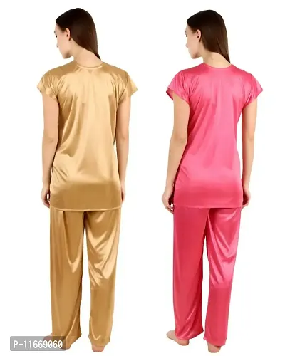 Cotovia Women's Satin Night Suit Combo Set (Large, Golden and Pink)-thumb3