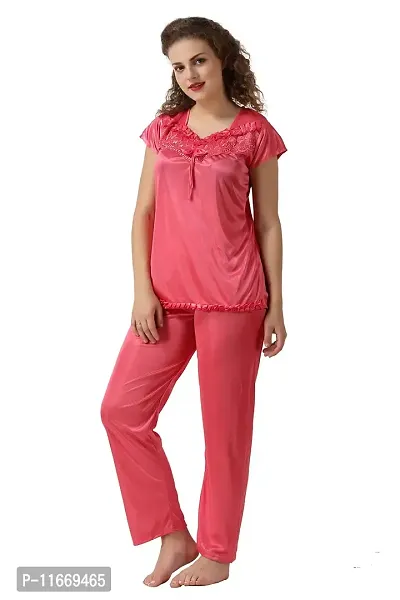 Cotovia Women's Satin Solid Pyjama Set Pack of 1 (Free Size, Pink)