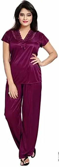 Cotovia Girl's Satin Solid Nightwear Set Pack of 4 (Free Size, Wine)-thumb2