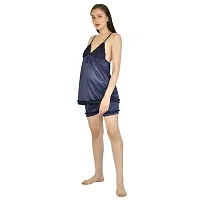 Cotovia Women Satin Blend Top & Shorts Nightwear/Loungewear Set with Lace (Large, Navy)-thumb1