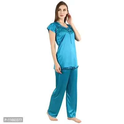 Cotovia Stylish Satin Solid Top and Pajama Set for Women and Girls (Medium, Light Blue)-thumb5