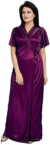 Cotovia Women's Satin Solid Maxi Length Nighty, Wrap Gown, Bra and Thong (FP411OMR375_Pink_Free Size) (Pack of 4) (Free Size, Purple)-thumb1