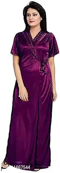 Cotovia Women's Satin Solid Maxi Length Nighty, Wrap Gown, Bra and Thong (FP411OMR375_Pink_Free Size) (Pack of 4) (Free Size, Purple)-thumb2