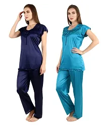 Cotovia Women's Satin Night Suit Combo Set (Large, Blue and Light Blue)-thumb2