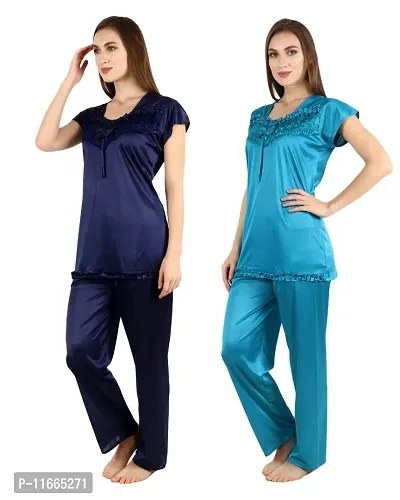 Cotovia Women's Satin Night Suit Combo Set (Large, Blue and Light Blue)-thumb3