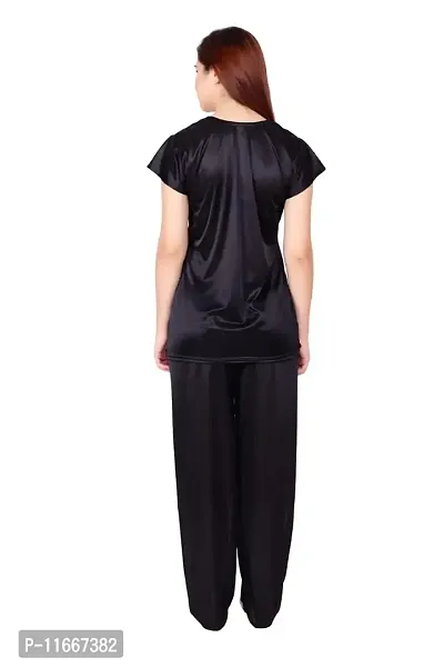 Cotovia Women's Satin Plain/Solid Top and Pyjama Set Pack of 1 (Large, Black)-thumb4