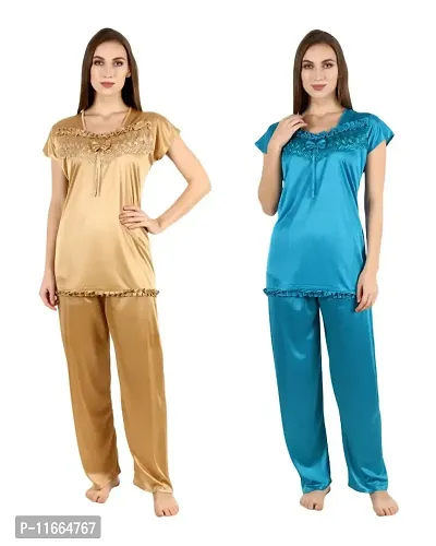 Cotovia Women's Satin Night Suit Combo Set (Free Size, Golden and Light Blue)