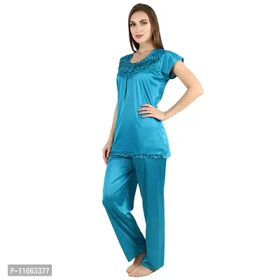 Cotovia Stylish Satin Solid Top and Pajama Set for Women and Girls (Medium, Light Blue)-thumb0