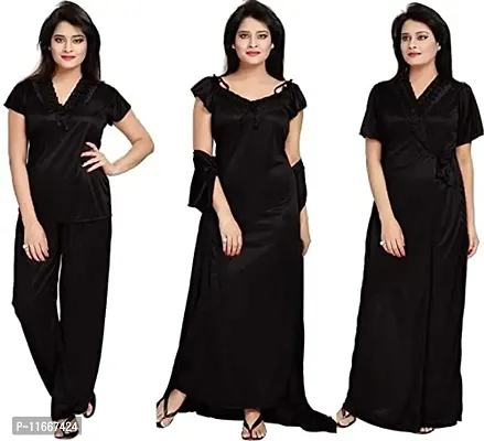 Cotovia Women's Satin Plain/Solid Nightwear Set Pack of 4 (Free Size, Black)