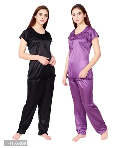 Cotovia Women's Satin Night Suit Combo Set (Large, Black and Purple)