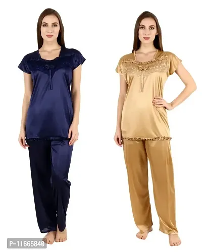 Cotovia Women's Satin Plain/Solid Night Suit Set Pack of 2 Combo Set (Medium, Blue and Golden)