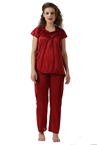 Cotovia Women's Satin Solid Pyjama Set Pack of 1 (Free Size, Maroon)-thumb3