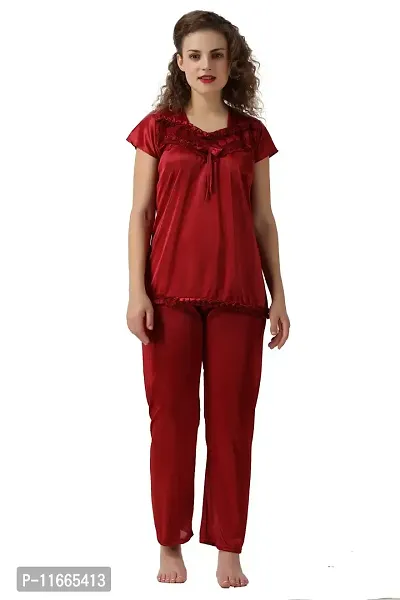 Cotovia Women's Satin Solid Pyjama Set Pack of 1 (Free Size, Maroon)-thumb4