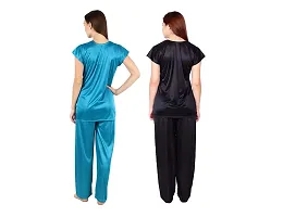 Cotovia Stylish Satin Women?s Latest Free Size Top and Pajama Set Night Dress for Women/Girls Combo (Pack of 2) (Black & Light Blue)-thumb2