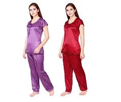 Cotovia Women's Satin Solid Pajama Set Pack Of 2 (C-PS-COMBO_Purple & Maroon_Free Size)-thumb1