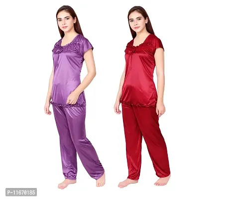 Cotovia Women's Satin Solid Pajama Set Pack Of 2 (C-PS-COMBO_Purple & Maroon_Free Size)-thumb2