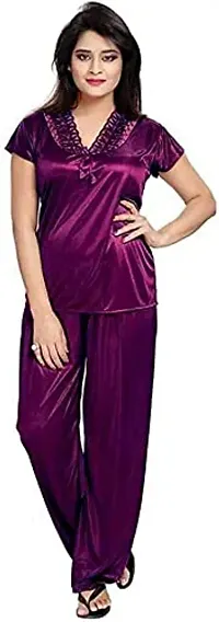 Cotovia Women's Satin Plain/Solid Nightwear Set Pack of 4 (Free Size, Purple)-thumb1