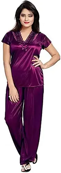 Cotovia Women's Satin Plain/Solid Nightwear Set Pack of 4 (Free Size, Purple)-thumb2