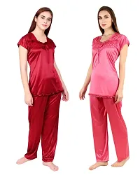 Cotovia Women's Satin Night Suit Combo Set (Large, Pink and Maroon)-thumb2