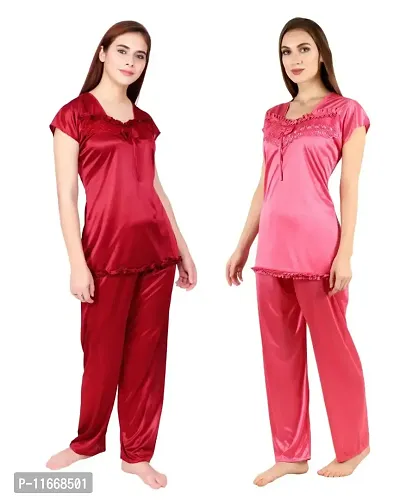 Cotovia Women's Satin Night Suit Combo Set (Large, Pink and Maroon)-thumb3