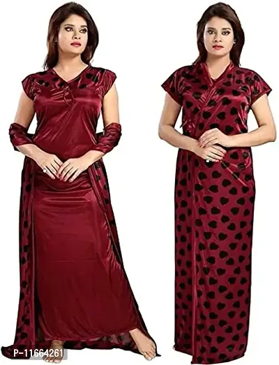 Cotovia Women's Satin Solid Nightwear Set Pack of 2 (BUF-NIGHTY-325_Magenta_Free Size) (Free Size, Maroon)-thumb0