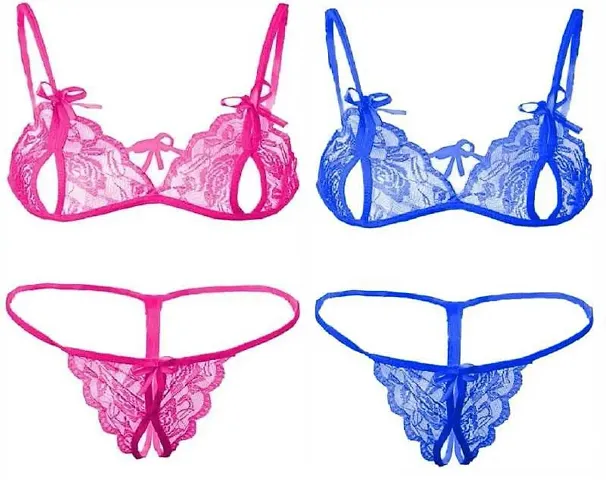 Cotovia Combo Offer! Women Babydoll Nightwear Lace Bra Panty Lingerie Set