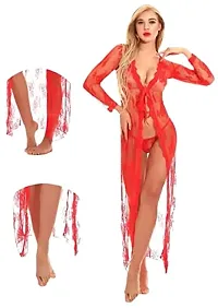 Cotovia Women Robe and Lingerie Set (Red) (Free Size, Red)-thumb1