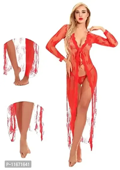 Cotovia Women Robe and Lingerie Set (Red) (Free Size, Red)-thumb2