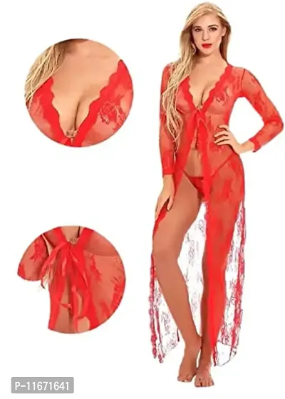 Cotovia Women Robe and Lingerie Set (Red) (Free Size, Red)-thumb0
