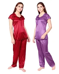 Cotovia Women's Satin Night Suit Combo Set (Large, Purple and Maroon)-thumb2