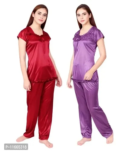 Cotovia Women's Satin Night Suit Combo Set (Large, Purple and Maroon)-thumb3