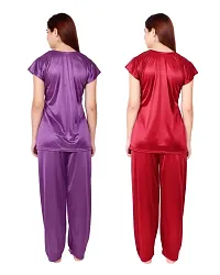 Cotovia Women's Satin Night Suit Combo Set (Large, Purple and Maroon)-thumb1