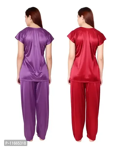 Cotovia Women's Satin Night Suit Combo Set (Large, Purple and Maroon)-thumb2