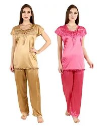 Cotovia Women's Satin Night Suit Combo Set (Free Size, Golden and Pink)-thumb2