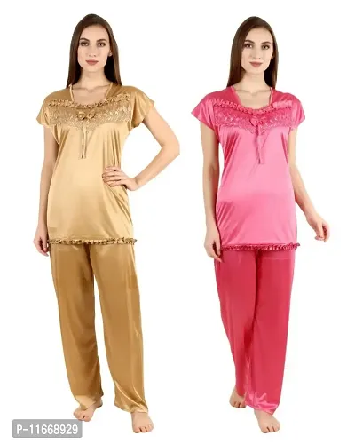 Cotovia Women's Satin Night Suit Combo Set (Free Size, Golden and Pink)-thumb3