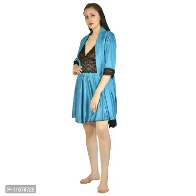 Cotovia Women's Stylish Night Robe 2 Piece Nightwear - Free Size Nighty (Medium, Blue)-thumb2