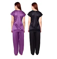 Cotovia Women's & Girl's Satin Solid Top and Pyjama Set Pack of 2 (C-PS-COMBO_Black & Purple_Free Size)-thumb2