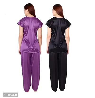 Cotovia Women's & Girl's Satin Solid Top and Pyjama Set Pack of 2 (C-PS-COMBO_Black & Purple_Free Size)-thumb3