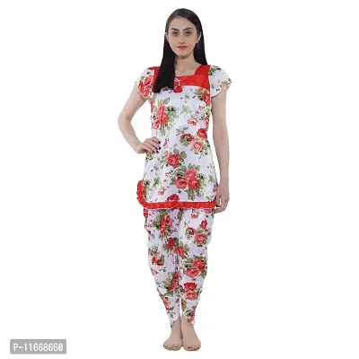 Cotovia Top and Dhoti Style Night Suit, Floral Print Nightdress, Night Gown for Women and Girls. (Medium, Red)