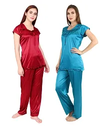 Cotovia Women's Satin Plain/Solid Night Suit Set Pack of 2 (Large, Maroon and Light Blue)-thumb2