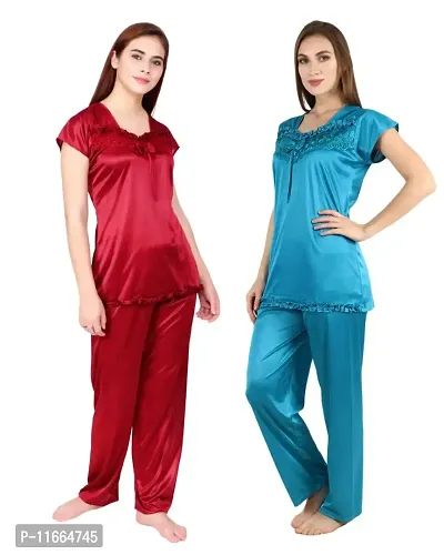 Cotovia Women's Satin Plain/Solid Night Suit Set Pack of 2 (Large, Maroon and Light Blue)-thumb3