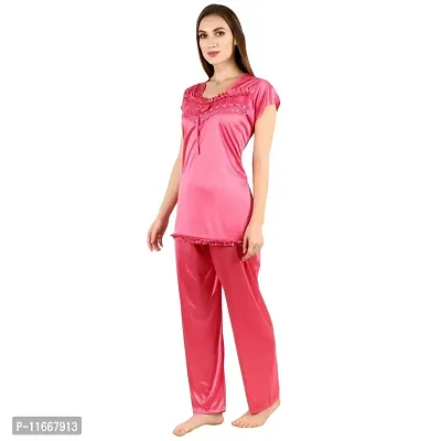 Cotovia Stylish Satin Solid Top and Pajama Set for Women and Girls (Large, Pink)-thumb3