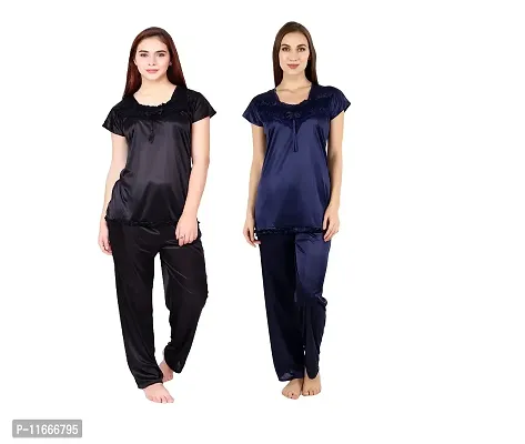 Cotovia Women's Satin Solid Pajama Set Pack Of 2 (C-PS-COMBO_Black & Dark Blue_Free Size)