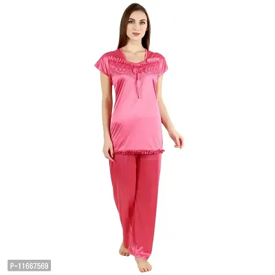 Cotovia Stylish Satin Solid Top and Pajama Set for Women and Girls (Free Size, Pink)