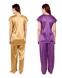 Cotovia Women's Satin Night Suit Combo Set (Medium, Golden and Purple)-thumb1