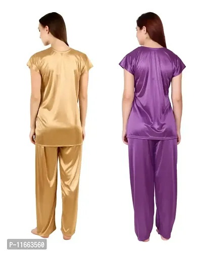 Cotovia Women's Satin Night Suit Combo Set (Medium, Golden and Purple)-thumb2